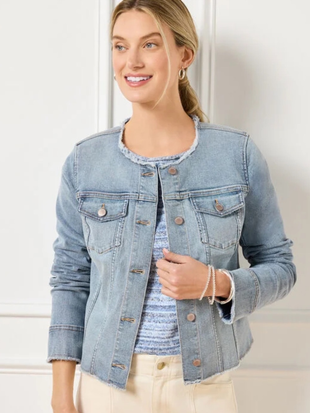 Talbots Light Blue Denim Collarless Jean Jacket